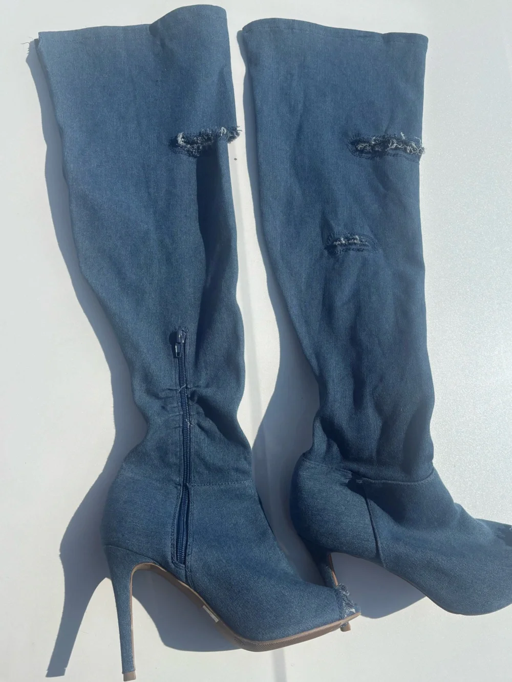 Women's Blue Knee-High Peep-Toe Stiletto Boots